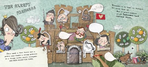 Illustration featuring a castle, sleepy princess, dozing characters, animals, and trees. Text bubbles enliven "They Turned Me Down!" by Schiffer Publishing, Ltd.—ideal for interactive or augmented reality children’s books.