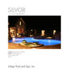 A glowing, uniquely shaped backyard pool with blue lighting and elegant landscaping surrounds a stone house. Text reads “SILVER AWARD WINNER.” Below: International Award-winning Pools by Schiffer Publishing, Ltd.—showcasing excellence.