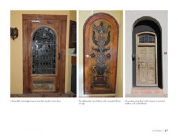 Inspired by Colores: Mexican Interiors from Schiffer Publishing, Ltd., these three wooden doors—a stained glass panel door, a floral-carved piece, and a simple dark-arched entry—capture the vibrant spirit of authentic Mexican architecture.