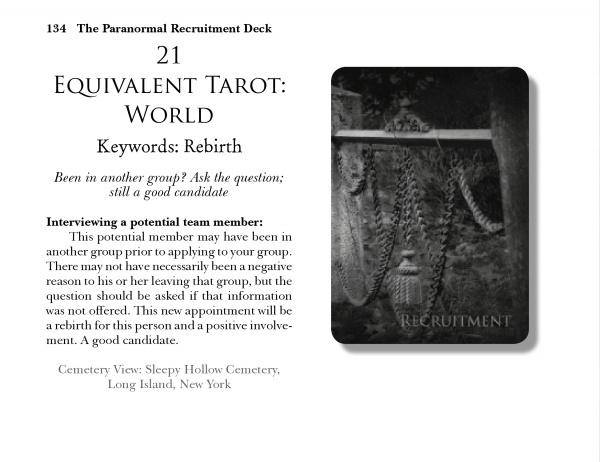 The tarot card “Recruitment” depicts two figures as a statue. The page gives interview and team selection tips, perfect for anyone assembling a paranormal crew with the Ghost Hunters' Tool Kit by Schiffer Publishing, Ltd.
