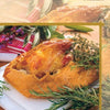 A golden-brown pheasant pie from "Cooking Wild Game" by Schiffer Publishing, Ltd. rests on a white cutting board, garnished with thyme and rosemary, with a red-and-white towel and leafy herbs in the background.
