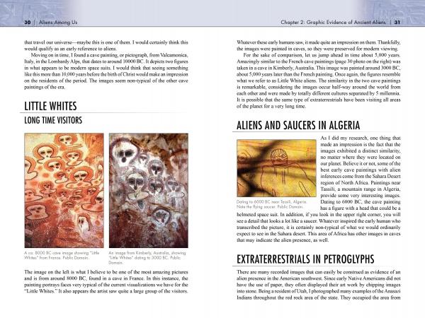 Aliens Among Us by Schiffer Publishing, Ltd. features a spread on ancient aliens: the left page shows cave paintings of round-headed figures called LITTLE WHITES, while the right connects them to Algeria UFO sightings with a rock painting photo.