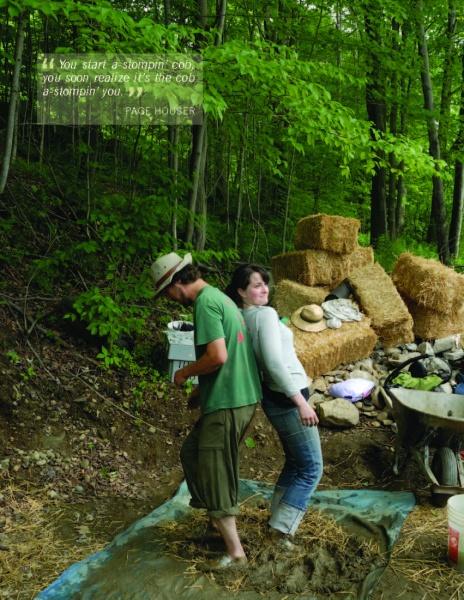 Two people stomp material outdoors on a tarp, surrounded by hay bales and supplies. In the upper left, a quote about cob stomping highlights the Schiffer Publishing, Ltd. product "Natural Building" and its natural building process.