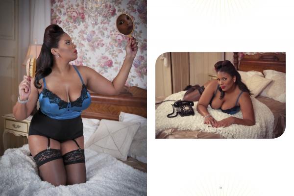 A modern Black pin-up in retro lingerie poses with a mirror and brush, then lies by a vintage phone—capturing Black glamour and confident style in "Chocolate Cheesecake 2" by Schiffer Publishing, Ltd.