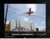 A commercial airplane flies low over a San Diego street above an upside-down mural, with power lines and a rail track in the foreground—a captivating urban scene featured in "Street Talking" by Schiffer Publishing, Ltd.