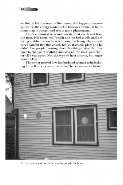 An excerpt from Ghost Quest in New Hampshire by Schiffer Publishing, Ltd. features NH paranormal tales; below, a black-and-white photo shows two bright orbs outside a house, intriguing local ghost investigators.