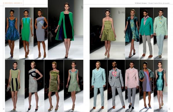 The SFP LookBook: Mercedes-Benz Fashion Week Spring 2014 Collections by Schiffer Publishing, Ltd. features a collage of models in vibrant green, blue, gray, and pink outfits—dresses, suits, and separates—strutting the white runway.