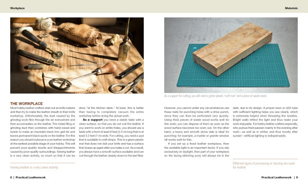 A workspace with leatherworking tools on a tan surface and a wooden block on a green mat; both pages from "Practical Leatherwork" by Schiffer Publishing, Ltd. show a beginner's guide to materials and tools.