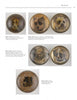 Six glass Bridle Rosettes by Schiffer Publishing, Ltd. feature painted portraits of terriers and mastiffs on gold or brown backgrounds. These 19th-century horse tack collectibles are displayed in two rows on a white page.