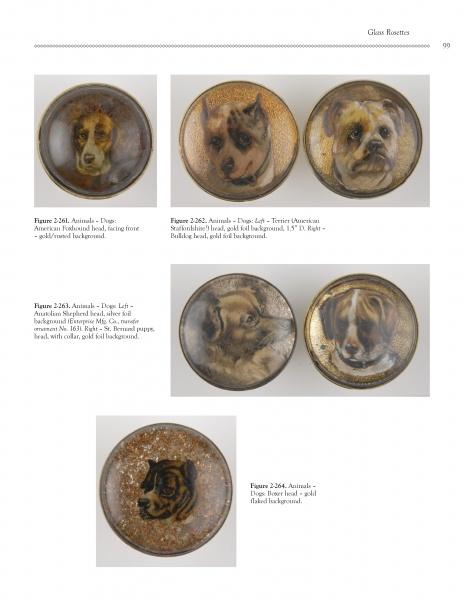 Six glass Bridle Rosettes by Schiffer Publishing, Ltd. feature painted portraits of terriers and mastiffs on gold or brown backgrounds. These 19th-century horse tack collectibles are displayed in two rows on a white page.