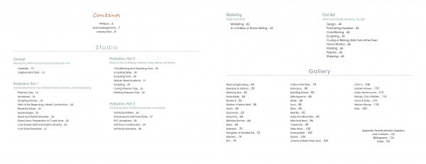 The table of contents for Lifelike Artist Dolls by Schiffer Publishing, Ltd. lists sections like Studio, Pediatric, Gallery, artist dolls, Masking, doll-making tips, and First Aid in organized columns with small minimalist text and page numbers.