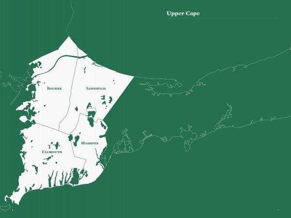 The Cape Cod Notebook by Schiffer Publishing, Ltd. features a simplified map of Upper Cape, highlighting Bourne, Sandwich, Falmouth, and Mashpee on a green background with white landmasses and fine road lines.