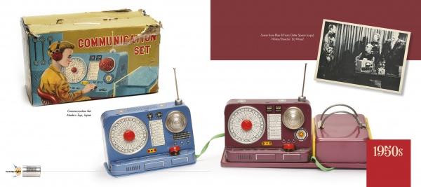 “Do You Read Me?” by Schiffer Publishing, Ltd. is a vintage toy collector's set featuring blue and maroon radios, original box, and a black-and-white photo of kids. "1950s" appears in the lower right corner of the packaging.