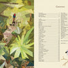 On the right, a table of contents lists US national parks and page numbers for "Inspired by the National Parks" from Schiffer Publishing, Ltd.; on the left, an illustration evokes a quilt with a forest scene and two birds perched on branches.