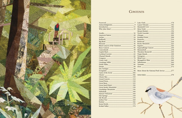On the right, a table of contents lists US national parks and page numbers for "Inspired by the National Parks" from Schiffer Publishing, Ltd.; on the left, an illustration evokes a quilt with a forest scene and two birds perched on branches.