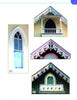 Four images from "Painted Ladies: Corbels & Gingerbread" by Schiffer Publishing, Ltd. show Gothic gable windows and balconies—three with white lacy triangular trim, one with a pointed arched window—classic Victorian details of Oak Bluffs, Martha’s Vineyard.