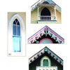 Four images from "Painted Ladies: Corbels & Gingerbread" by Schiffer Publishing, Ltd. show Gothic gable windows and balconies—three with white lacy triangular trim, one with a pointed arched window—classic Victorian details of Oak Bluffs, Martha’s Vineyard.