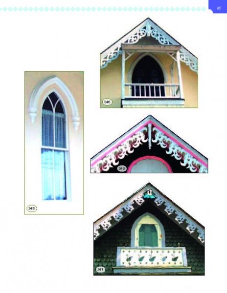 Four images from "Painted Ladies: Corbels & Gingerbread" by Schiffer Publishing, Ltd. show Gothic gable windows and balconies—three with white lacy triangular trim, one with a pointed arched window—classic Victorian details of Oak Bluffs, Martha’s Vineyard.