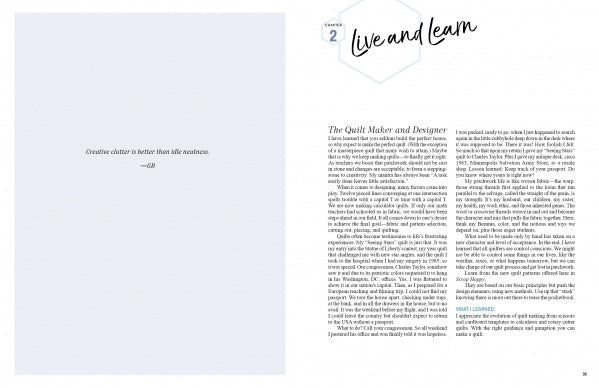 A magazine spread for Scrap Happy Quilts from Georgia Bonesteel (Schiffer Publishing, Ltd.) shows “Creative clutter is better than idle neatness. –AG” on the left, and “Live and Learn” with tips on lap quilting and quilt patterns on the right.