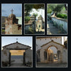 A collage featuring a stone gate inspired by California Mission Architecture, reflecting Spanish influence, as showcased in Schiffer Publishing, Ltd.'s "California Mission Architecture.