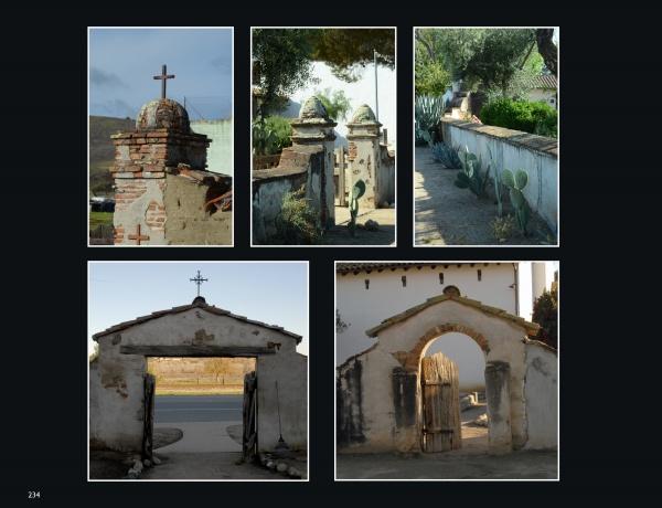A collage featuring a stone gate inspired by California Mission Architecture, reflecting Spanish influence, as showcased in Schiffer Publishing, Ltd.'s "California Mission Architecture.