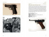 A book spread in *Italian Partisan Weapons in WWII* (Schiffer Publishing, Ltd.) features profiles of a Beretta M1934 and a German P08 Luger, with photos and detailed historical specs for each pistol.