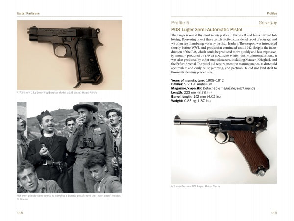 A book spread in *Italian Partisan Weapons in WWII* (Schiffer Publishing, Ltd.) features profiles of a Beretta M1934 and a German P08 Luger, with photos and detailed historical specs for each pistol.