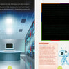 A futuristic server room with glowing panels features "Escape Game Adventure: The Mad Hacker" by Schiffer Publishing, Ltd. on the desk, alongside a cartoon robot and keypad—an ideal setup for sharpening your problem-solving skills.