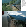 Iron Trails of North America by Schiffer Publishing, Ltd. features photos of a Pennsylvania Railroad train curving through lush, mountainous landscapes, with passengers admiring dramatic peaks and clear blue sky in the background.