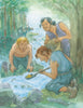 Three people pan for gold by a stream near Chesapeake Bay; one kneels, another crouches, and a third stands with a sack. Trees and others appear in the background, evoking Jamestown’s spirit in Captain John Smith's Big and Beautiful Bay by Schiffer Publishing, Ltd.