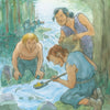 Three people pan for gold by a stream near Chesapeake Bay; one kneels, another crouches, and a third stands with a sack. Trees and others appear in the background, evoking Jamestown’s spirit in Captain John Smith's Big and Beautiful Bay by Schiffer Publishing, Ltd.