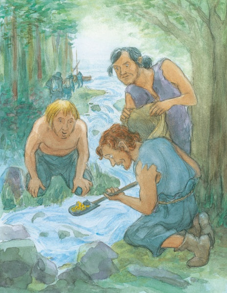 Three people pan for gold by a stream near Chesapeake Bay; one kneels, another crouches, and a third stands with a sack. Trees and others appear in the background, evoking Jamestown’s spirit in Captain John Smith's Big and Beautiful Bay by Schiffer Publishing, Ltd.