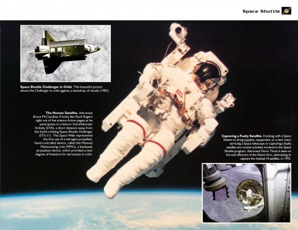 An astronaut floats above Earth in a white spacesuit, with insets of the Space Shuttle Challenger and its robotic arm. "Cape Canaveral: America's Spaceport" by Schiffer Publishing, Ltd. highlights the site’s pivotal role in space missions.