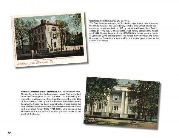 The "Greetings from Richmond" scrapbook page by Schiffer Publishing, Ltd. features postcards of historic Richmond architecture: the Brockinborough House and the White House of the Confederacy, each with descriptive captions.