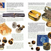A magazine spread features text and images from "Evasion and Escape Devices Produced by MI9, MIS-X, and SOE in World War II" by Schiffer Publishing, Ltd., illustrating vintage WWII military buttons used as escape aids for Allied aircrew.