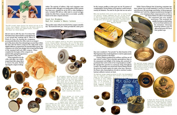 A magazine spread features text and images from "Evasion and Escape Devices Produced by MI9, MIS-X, and SOE in World War II" by Schiffer Publishing, Ltd., illustrating vintage WWII military buttons used as escape aids for Allied aircrew.