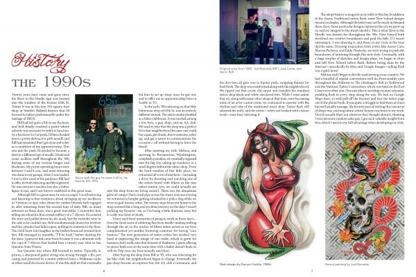 The two-page spread for "Slave to the Needle" by Schiffer Publishing, Ltd. features left-page '90s history, text, a photo of two men, and a vintage Seattle tattoo shop sign; the right has more text, a duo photo, and striking tattoo art illustrations.