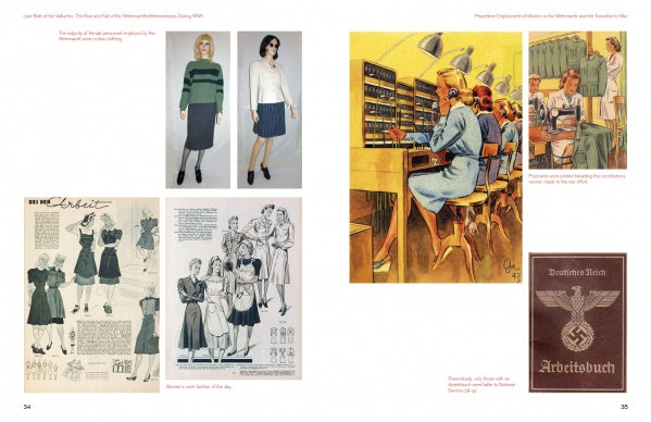 The book "Last Ride of the Valkyries" by Schiffer Publishing, Ltd. features 1940s women's fashion, mannequins in vintage attire, women at switchboards, and WWII uniforms from German female auxiliaries, including the Wehrmachthelferinnenkorps.