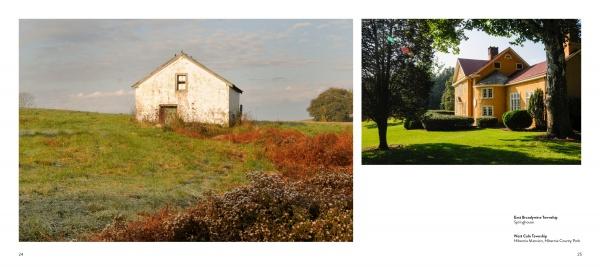 Experience the charm of Chester County with Schiffer Publishing, Ltd.—a small white barn and a yellow house with a red roof nestled among green lawns exemplify the region’s scenic, historic landscapes, perfect for photography lovers.