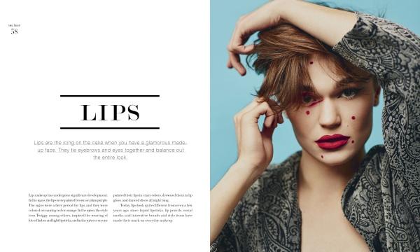 A woman with bold red lipstick and red dots on her face poses against a blue backdrop. The left page displays "Two Faced" by Schiffer Publishing, Ltd., with lip makeup tips and skills inspired by Thomas Sekelius.