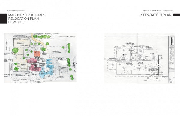 Two architectural site plans from Moving Sam Maloof by Schiffer Publishing, Ltd. appear side by side: the left, the Maloof Structures Relocation Plan New Site, highlights historic preservation; the right shows a detailed monochrome Separation Plan.