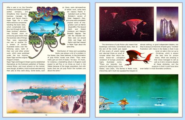 Two pages from "It Must Be Art" by Schiffer Publishing, Ltd. showcase text and vibrant illustrations inspired by 1960s psychedelic art, featuring fantastical landscapes, floating islands, and surreal rock formations beneath vivid skies.