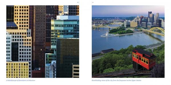 Left: Modern downtown Pittsburgh skyscrapers with unique window patterns. Right: Red incline railway car climbs a hill above a river, yellow bridges, and city skyline—striking images from "Pittsburgh" by Schiffer Publishing, Ltd.