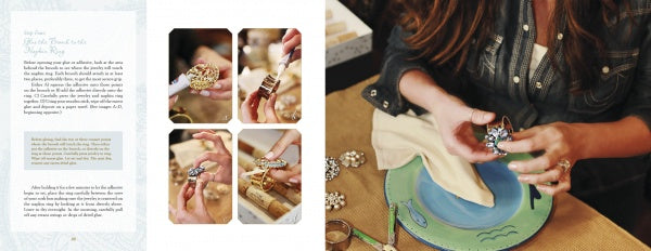 A woman assembles sparkling upcycled "Jewelry for Your Table" crafts using tools and a green plate. Inset photos by Schiffer Publishing, Ltd. show close-up steps of attaching gems—perfect for creating unique table decor gifts.