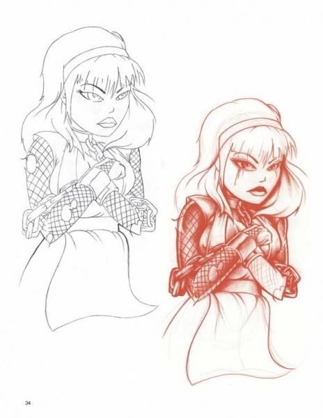 A cartoon girl with long hair, a headband, and a dress over a fishnet top appears angry with crossed arms in two Street Shop Tattoo Stencils by Schiffer Publishing, Ltd.: a black-and-white sketch and an intricate red pencil tattoo stencil.