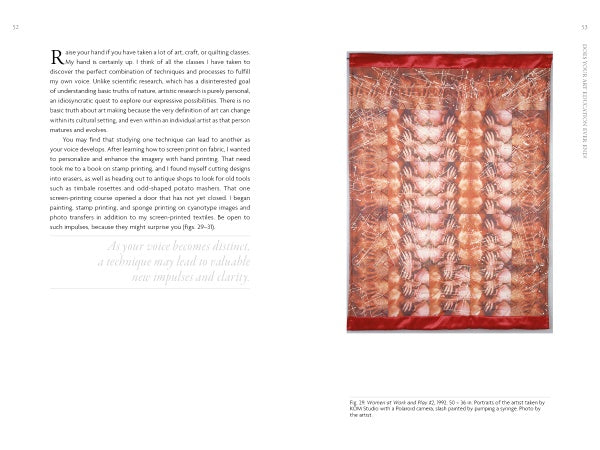 A spread from "Exploring Your Artistic Voice in Contemporary Quilt Art" by Schiffer Publishing, Ltd. displays text alongside an abstract quilt image with pink and beige circles wrapped in threads inside a red rectangular frame.