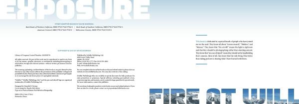 A book or magazine spread with "EXPOSURE" top left and "FIRE AT WILL" bottom right, featuring text blocks on a blue-and-white gradient—perfect for exploring rural American photography with "How Did You Get That Shot?" by Schiffer Publishing, Ltd.