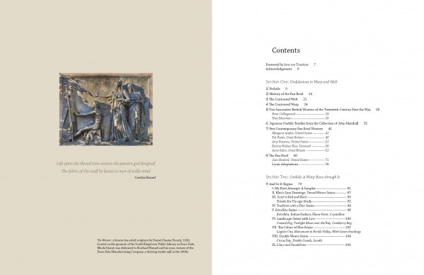 Two-page spread from "Ondulé Textiles" by Schiffer Publishing, Ltd.: Left shows a classical relief sculpture with a Gwendolyn Bennett quote; right features a table of contents with chapters like ondulé textiles and weaving instructions on cream background.