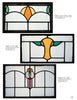 Three rectangular "Old Stained Glass for the Home" panels by Schiffer Publishing, Ltd. feature geometric and floral designs in orange, yellow, green, and pink on clear textured backgrounds with bold black leading. Labels show dimensions and credits.
