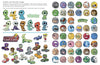 Creatures and Characters" by Schiffer Publishing, Ltd. showcases vibrant cartoon creatures, aliens, monster faces, bright round expressions, and small cars with expressive drivers—ideal for a children's art book on a crisp white background.